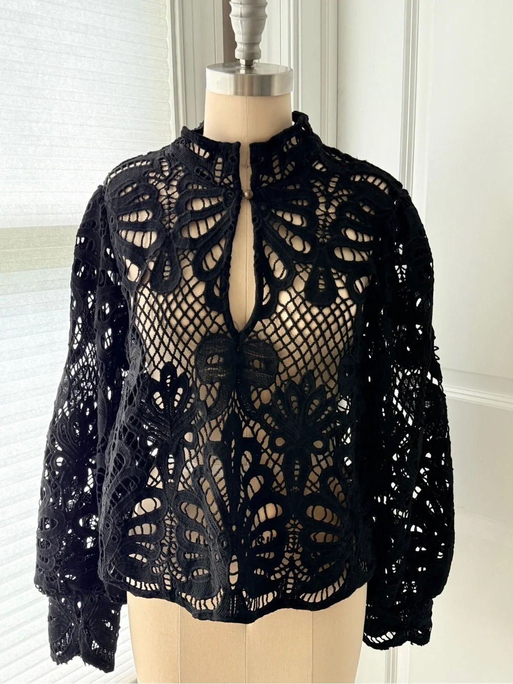 Anthropologie Black Crochet Lace Keyhole Blouse